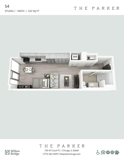 Floor plan for studio, 1 bath, 522 sqft